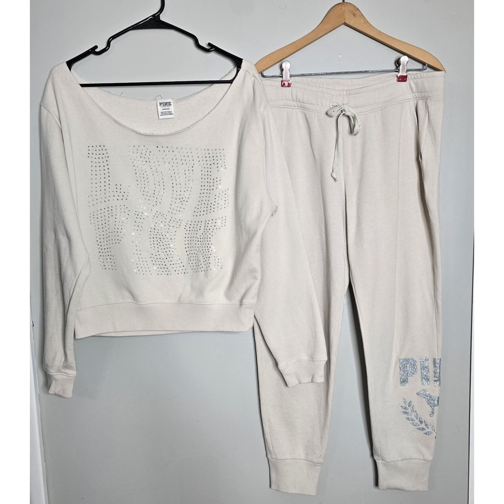 Victoria's Secret Pink Bling Rhinestone Off Shoulder & Jogger Set Beige Cream L